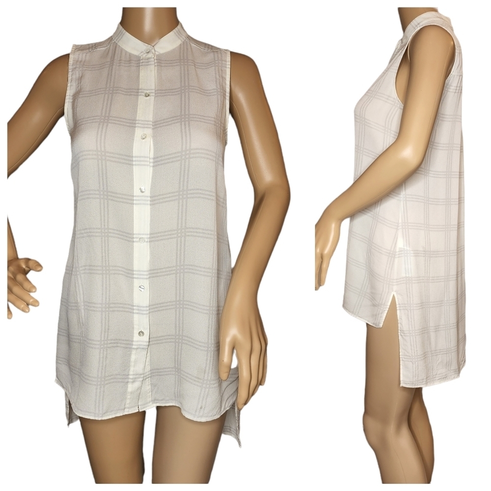 Eileen Fisher 100% Silk Button Front Tunic Sleeveless Bouse White Grey Plaid XS